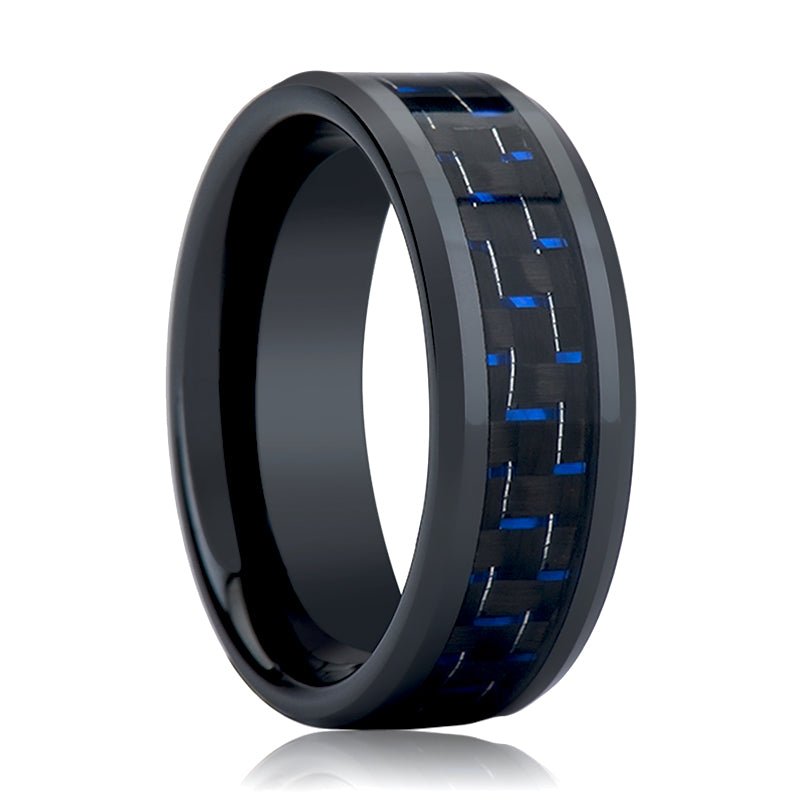 Beveled Black Tungsten Ring with Blue Carbon Fiber Inlay - Comfort Fit.