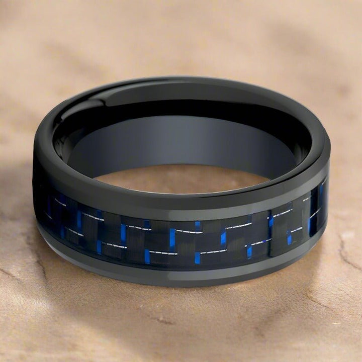 Close-up of the blue carbon fiber inlay in the HAWTHORN Tungsten Ring.