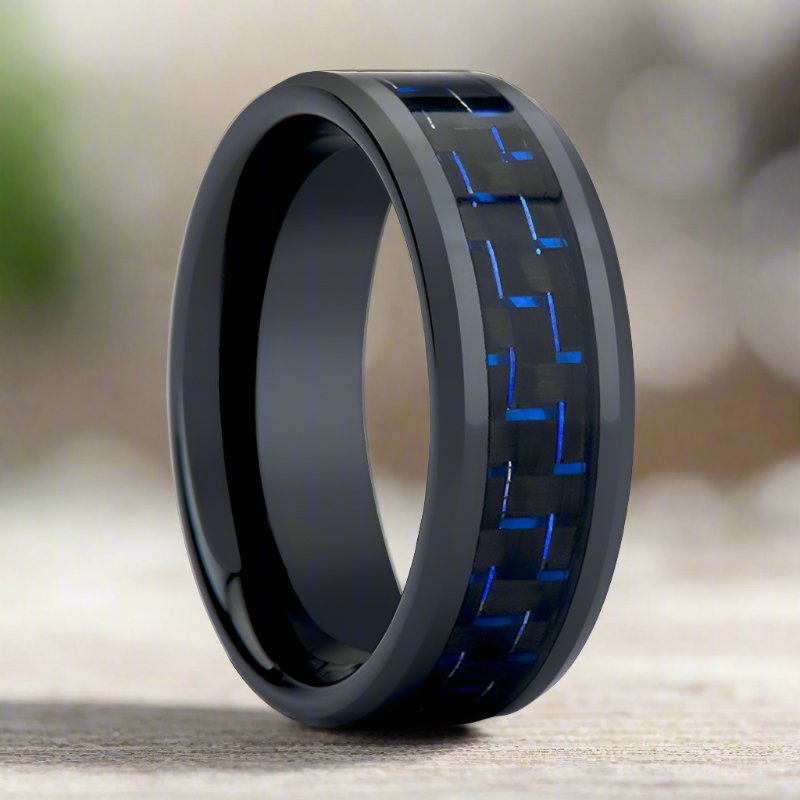 HAWTHORN Black Tungsten Ring with Blue Carbon Fiber Inlay by Aydins Jewelry.