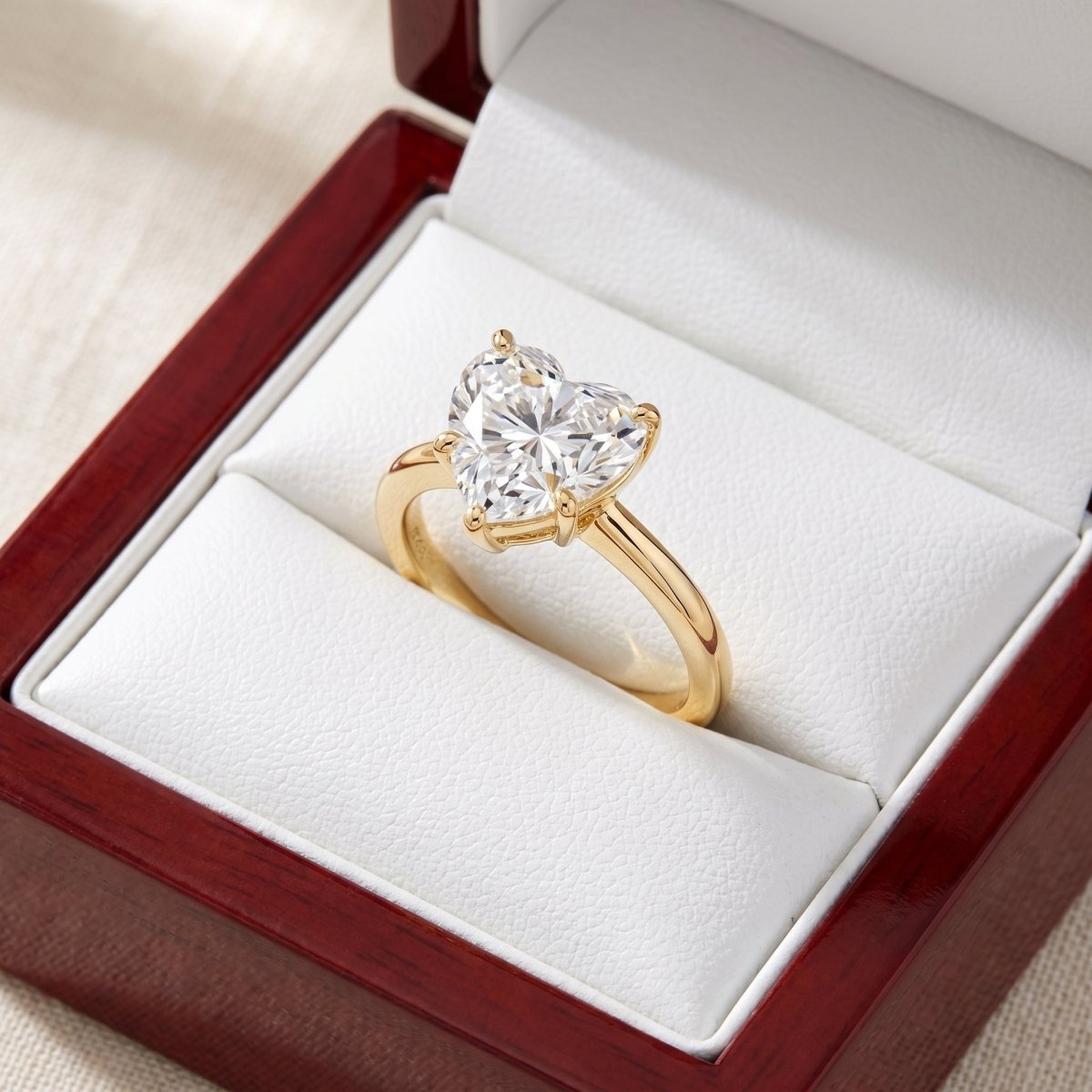 Heart lab-grown diamond solitaire engagement ring, Yellow Gold, in cherry-wood ring box