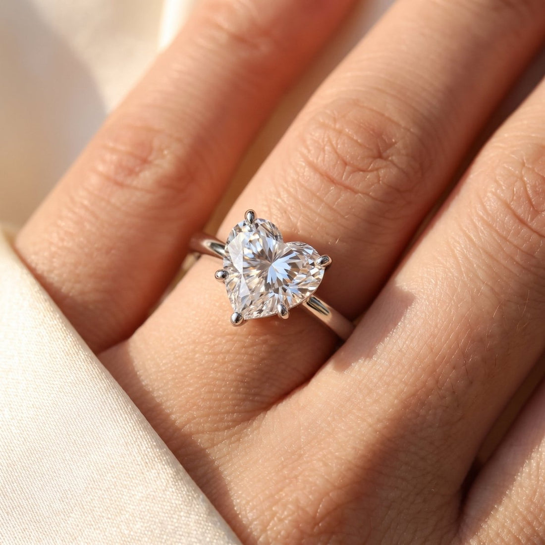 Heart lab-grown diamond solitaire engagement ring, White Gold, on-finger close-up