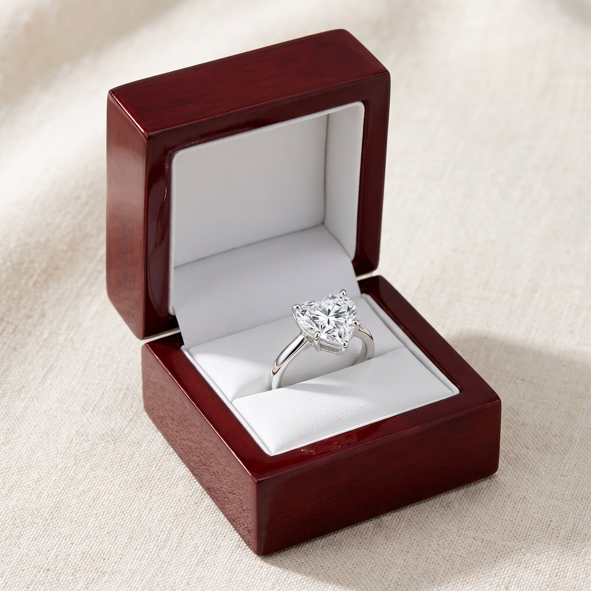 Heart lab-grown diamond solitaire engagement ring, 925 Sterling Silver, in cherry-wood ring box
