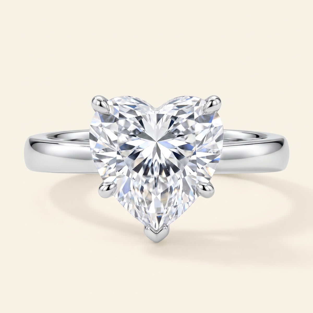 Heart lab-grown diamond solitaire engagement ring, 925 Sterling Silver, face-on detail macro