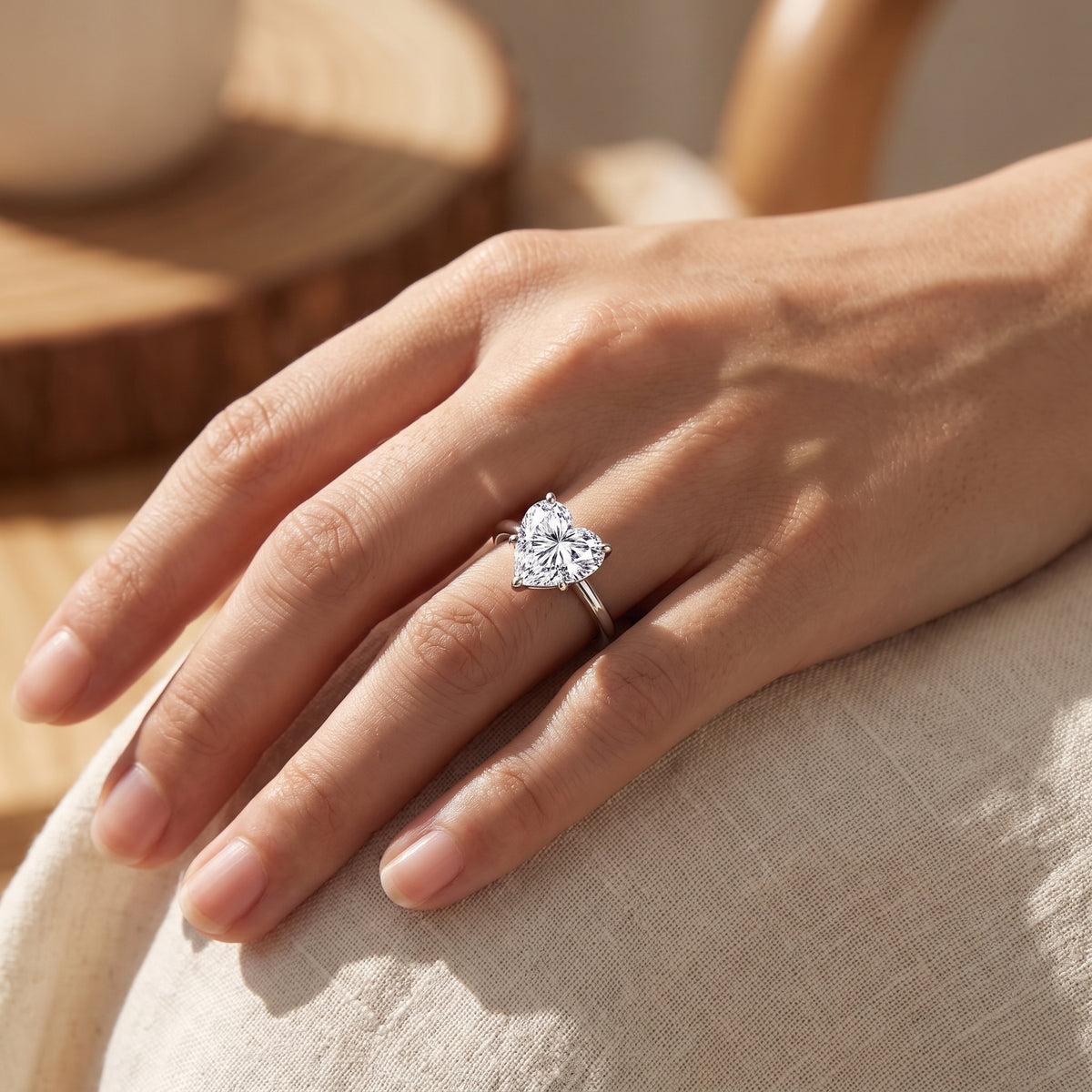 Heart lab-grown diamond solitaire engagement ring, 925 Sterling Silver, lifestyle photograph