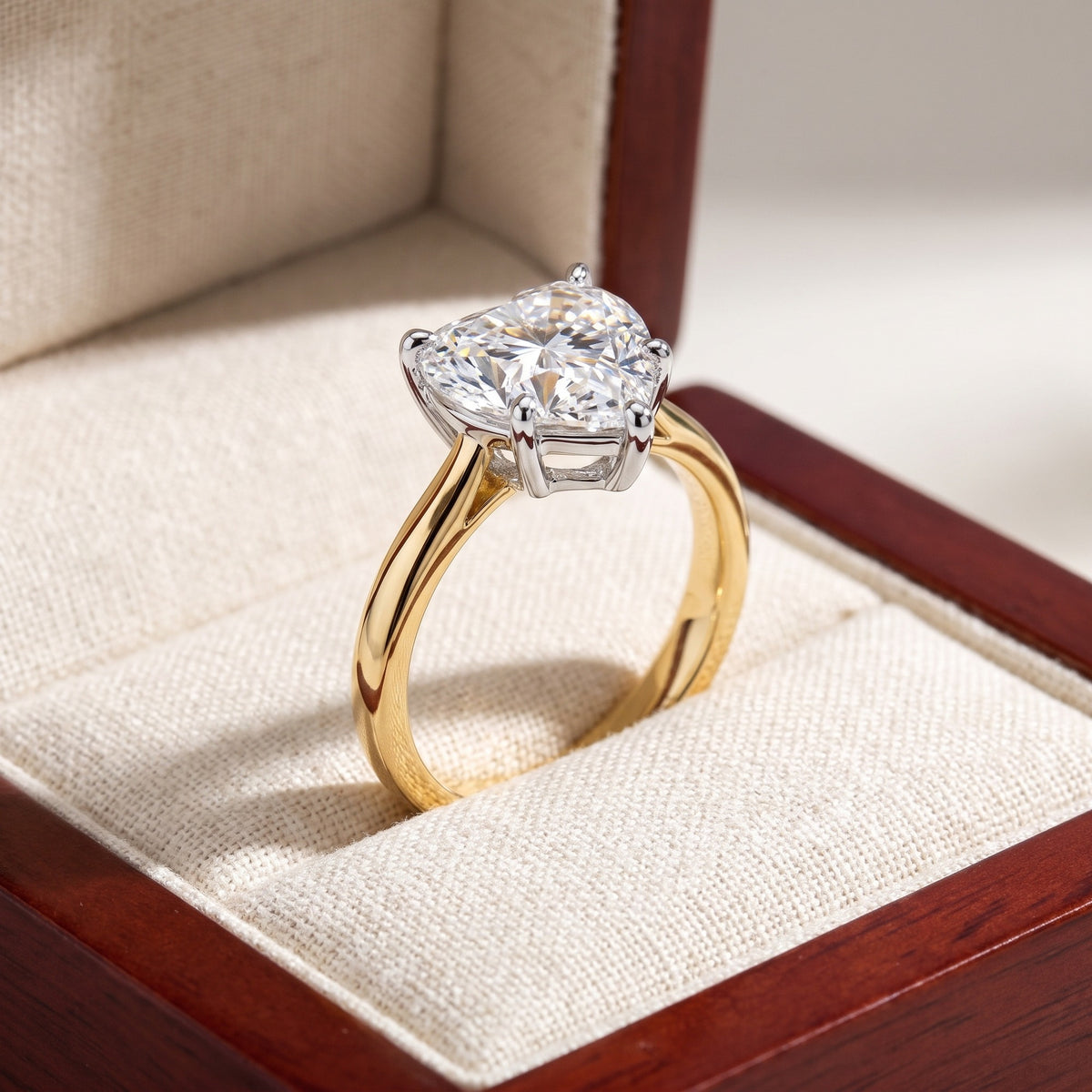 CECILY heart lab-grown diamond ring in 10K two-tone gold, in cherry-wood box, approx. 1 ct center