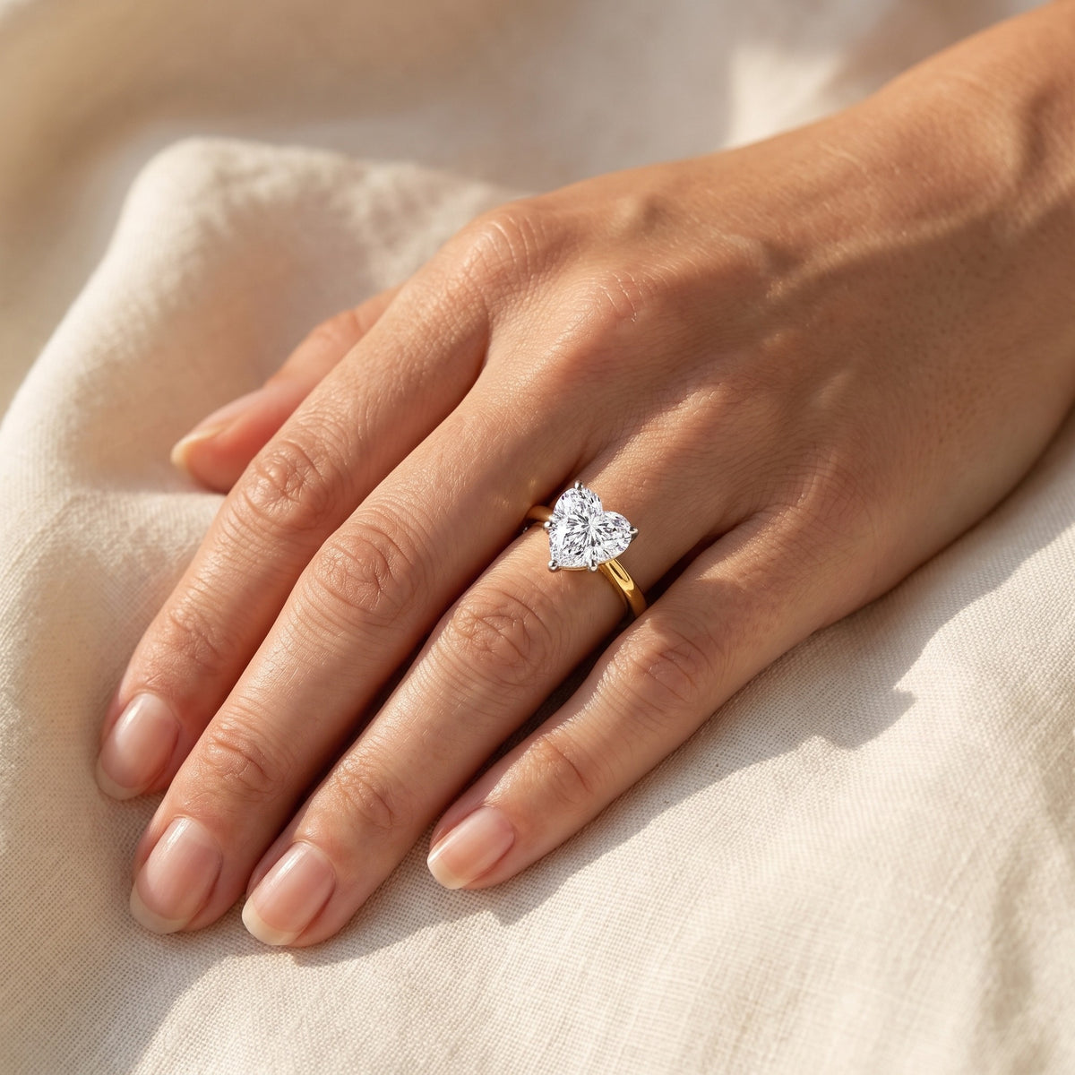 VALERIE heart lab-grown diamond ring in 14K two-tone gold, worn on the hand, approx. 1 ct center