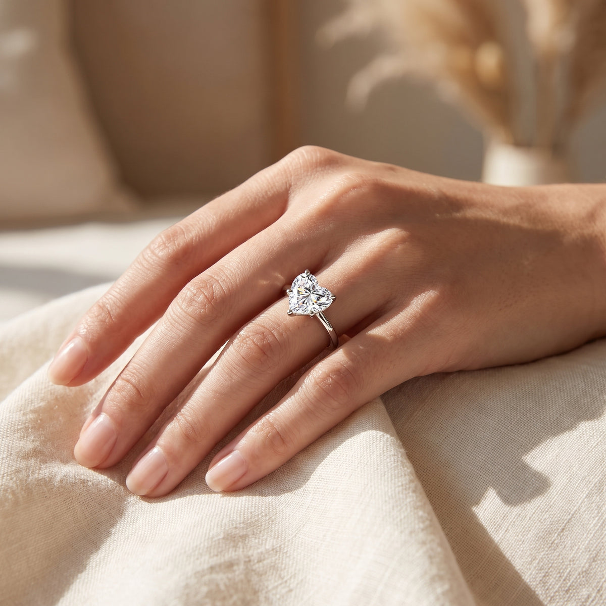 Heart lab-grown diamond solitaire engagement ring, White Gold, lifestyle photograph