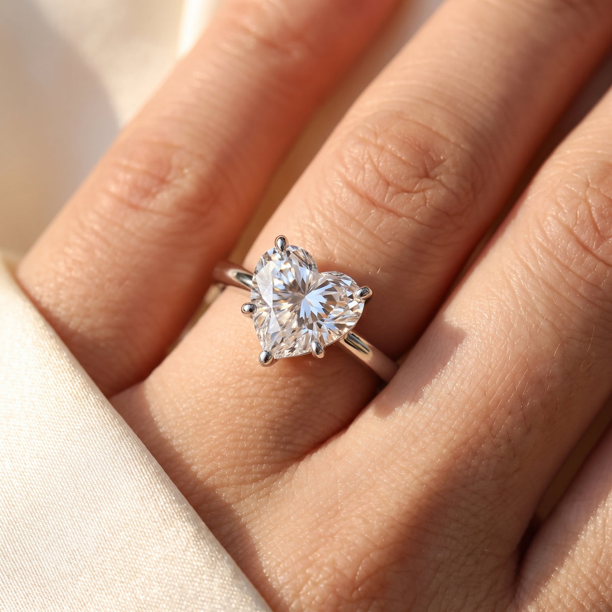 Heart lab-grown diamond solitaire engagement ring, White Gold, on-finger close-up