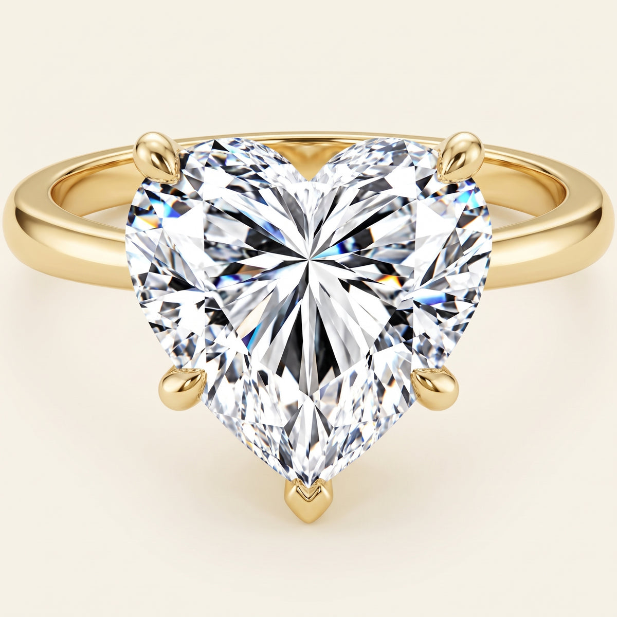 Heart lab-grown diamond solitaire engagement ring, Yellow Gold, face-on detail macro