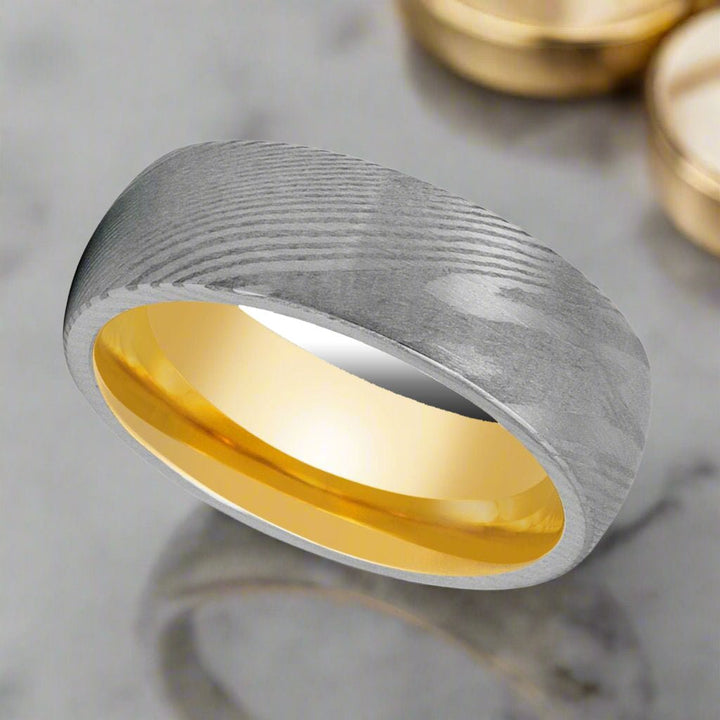 8mm Comfort Fit Damascus Steel Ring with Yellow Tungsten Interior - HELIOS Ring