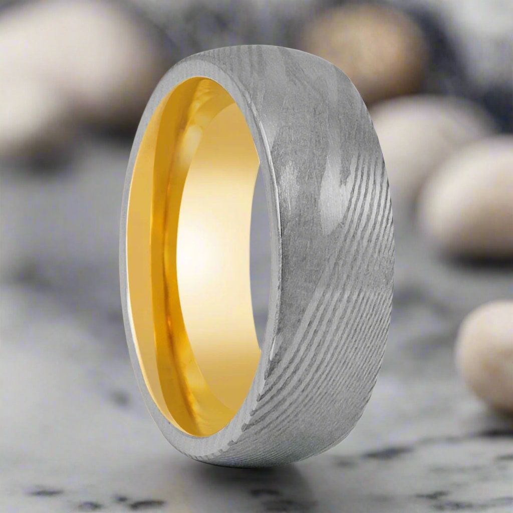 HELIOS Damascus Steel Ring with Yellow Tungsten Interior - Front View