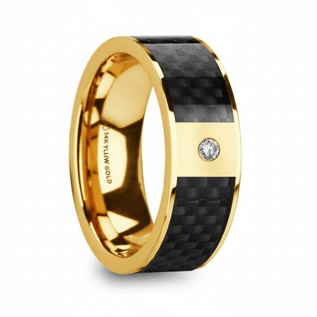 Black Carbon Fiber inlay 14k yellow gold wedding band 8mm with diamond, side profile