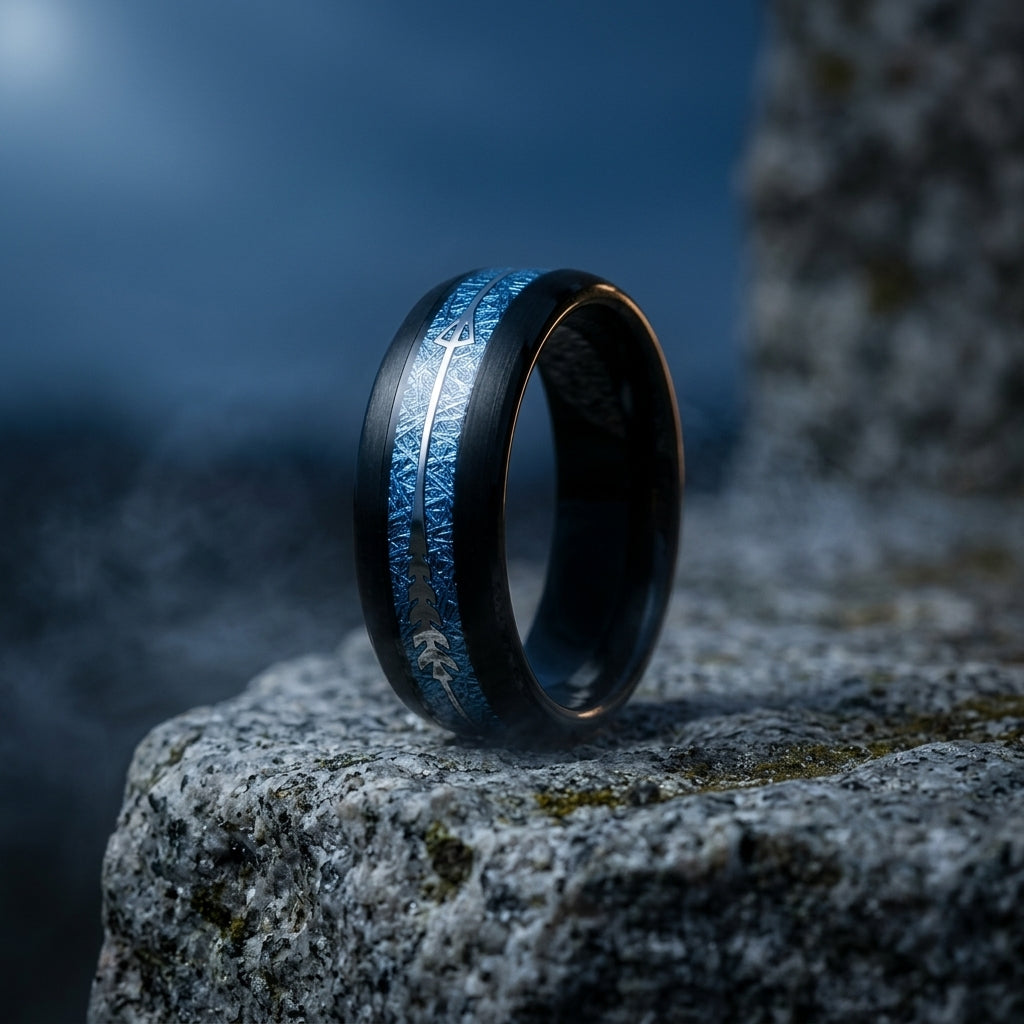 JDTR969 Black Tungsten Ring Blue Meteorite Arrow Inlay - Cinematic Hero Shot