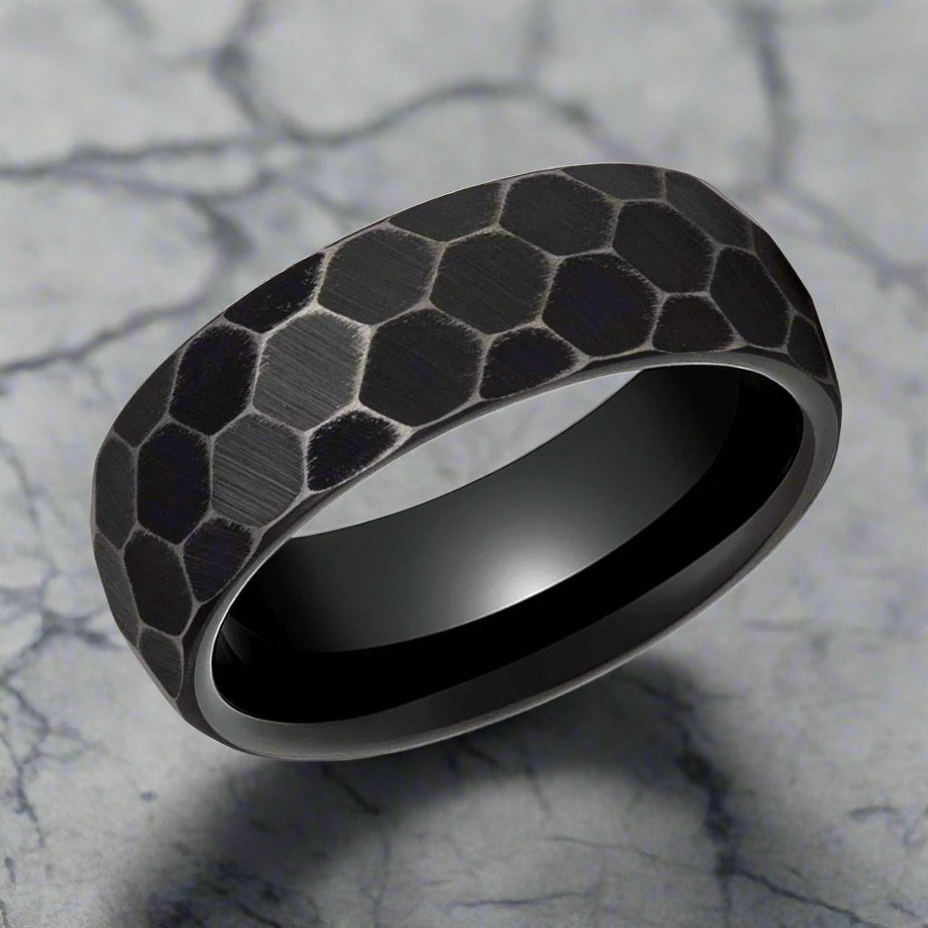 HEXANITE | Black Tungsten Ring, Antiqued Faceted Hammered, Domed - Rings - Aydins Jewelry - 2