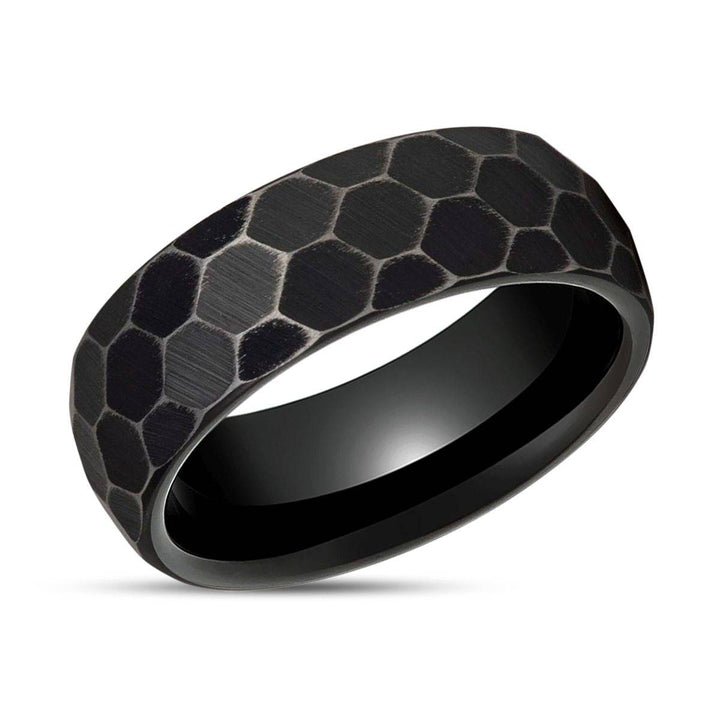 HEXANITE | Black Tungsten Ring, Antiqued Faceted Hammered, Domed - Rings - Aydins Jewelry - 2