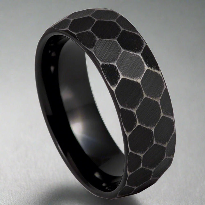 HEXANITE | Black Tungsten Ring, Antiqued Faceted Hammered, Domed - Rings - Aydins Jewelry - 4