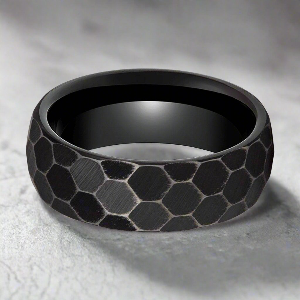 HEXANITE | Black Tungsten Ring, Antiqued Faceted Hammered, Domed - Rings - Aydins Jewelry - 1