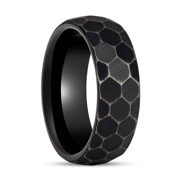 HEXANITE | Black Tungsten Ring, Antiqued Faceted Hammered, Domed - Rings - Aydins Jewelry - 1