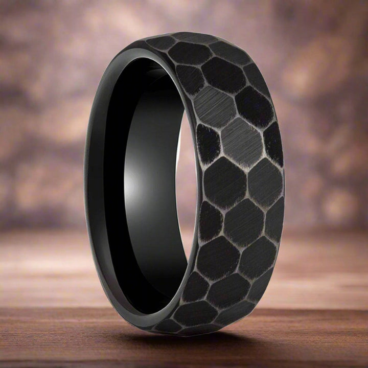 HEXANITE | Black Tungsten Ring, Antiqued Faceted Hammered, Domed - Rings - Aydins Jewelry - 3
