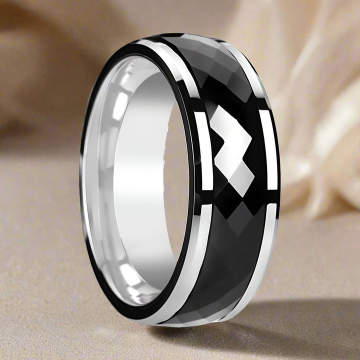 Close-up of HICKOK Ring - Diamond-Faceted Black Ceramic Spinner and Beveled Edges