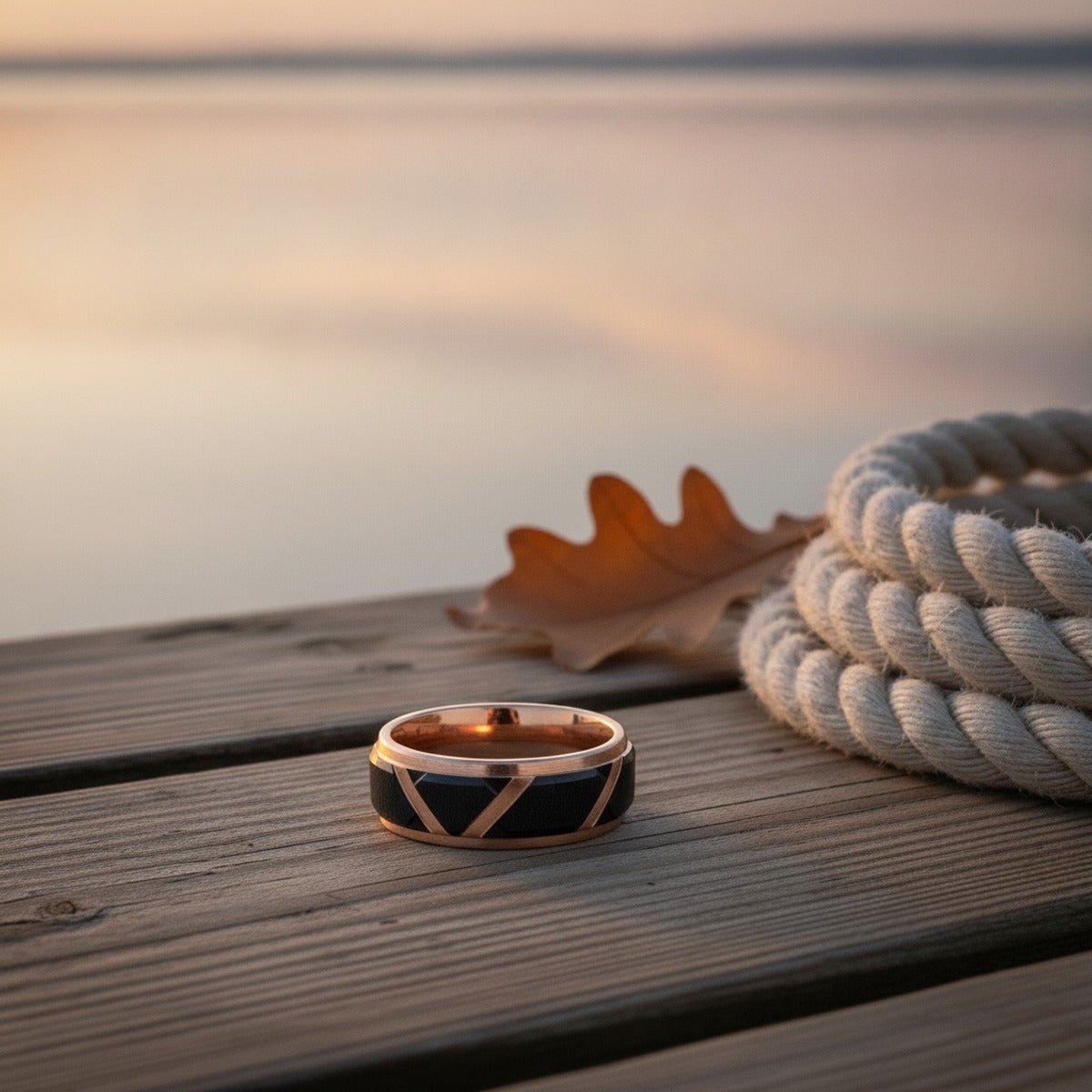 Aydins HILVEN | Brushed Rose Gold Tungsten Black Trapezoid Stepped Wedding Ring 8mm lifestyle scene, lakeside dock