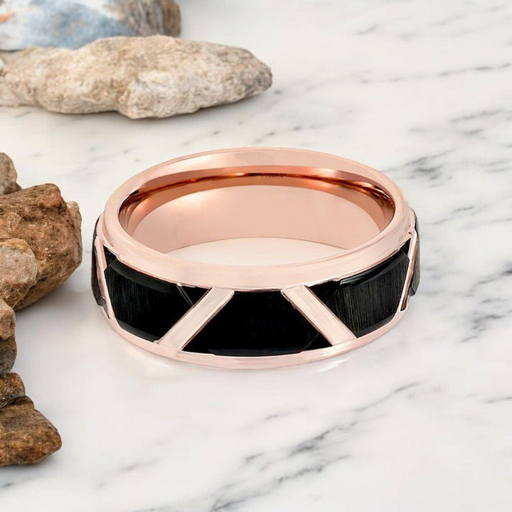 HILVEN Rose Gold Tungsten Ring featuring a bold black trapezoid design and stepped edge.