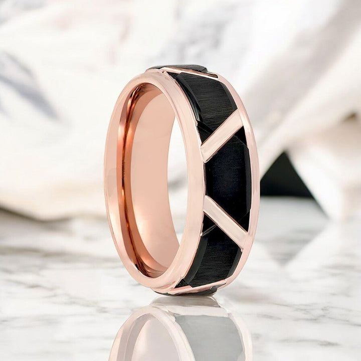 HILVEN Rose Gold Tungsten Ring with black trapezoid design from Aydins Jewelry.