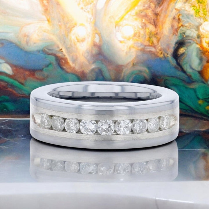 Sleek silver tungsten wedding band with satin finish, flat design, and dazzling diamond accents - Aydins Jewelry.