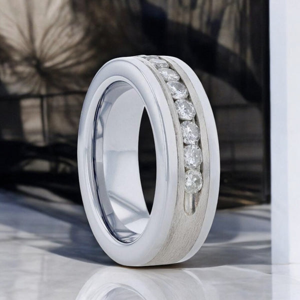 Silver tungsten ring with satin finish and 0.9 CTW channel-set diamonds, 8mm width - Aydins Jewelry.