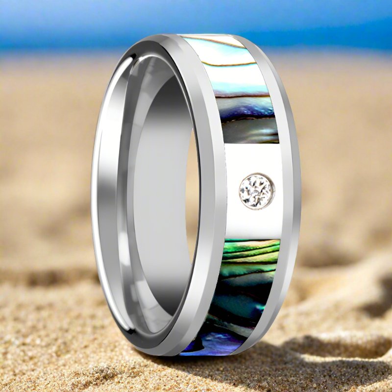 HONOLULU | Tungsten Ring, Mother of Pearl Inlay, Diamond, Beveled - Rings - Aydins Jewelry - 3