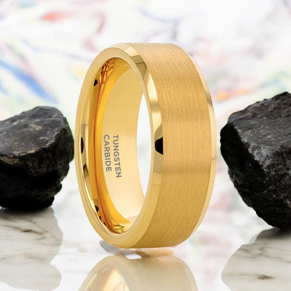 HONOR Gold Tungsten Ring with brushed center and beveled edge by Aydins Jewelry.