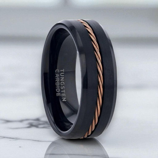 Side view of HORATIO black tungsten ring with rose gold braided center