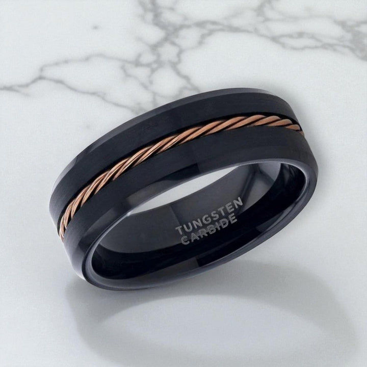 Angled view of polished beveled edges and brushed center on HORATIO ring