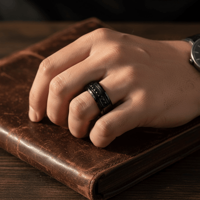 HORIZON — Lifestyle photo on hand — men's tungsten wedding ring.