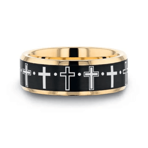 LEGION gold & black tungsten ring with row of crosses laser-engraved across the brushed black center – Aydins Jewelry
