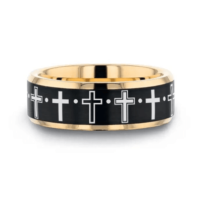 LEGION gold & black tungsten ring with row of crosses laser-engraved across the brushed black center – Aydins Jewelry