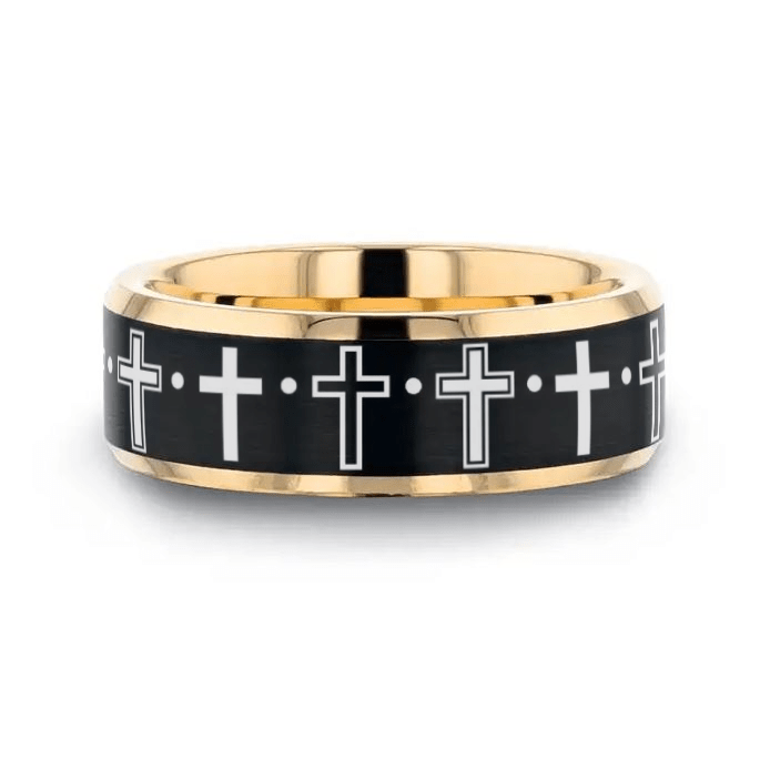 LEGION gold & black tungsten ring with row of crosses laser-engraved across the brushed black center – Aydins Jewelry