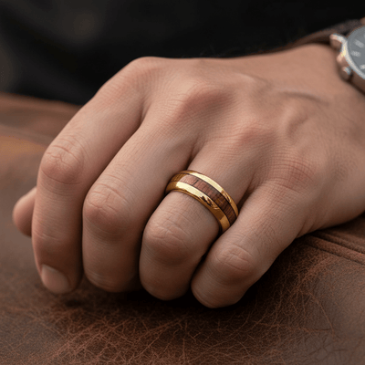 HUBERT — Lifestyle photo on hand — men's tungsten wedding ring.