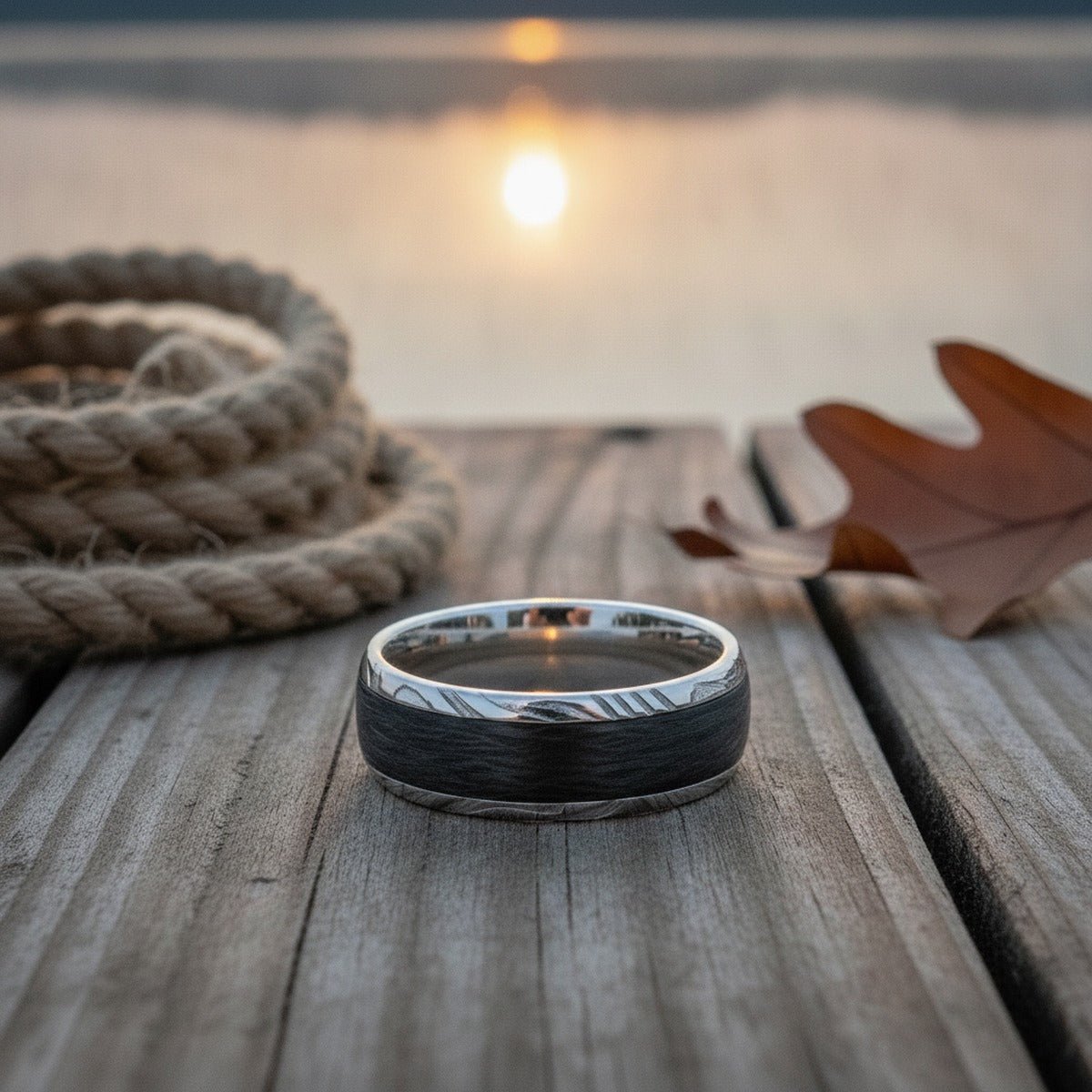Aydins HUDSON | Silver Damascus Steel Ring, Carbon Fiber Inlay lifestyle scene, lakeside dock