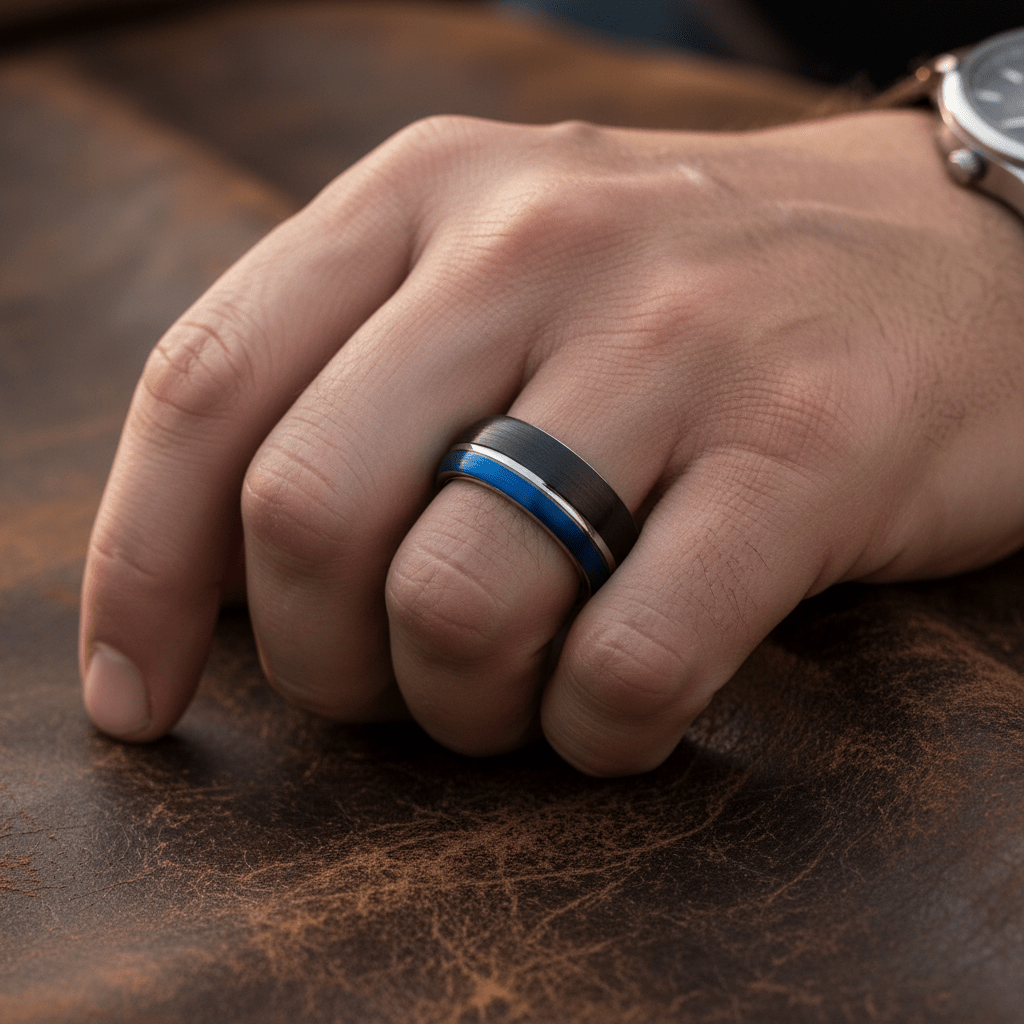 HYBRID — Lifestyle photo on hand — men's tungsten wedding ring.