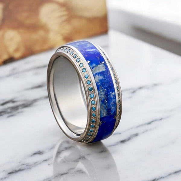 HYDRA | Titanium Ring, Blue Lapis Lazuli Inlay with Blue Diamonds