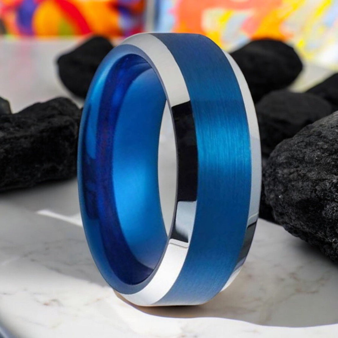 HYDRO Blue Tungsten Ring with brushed center and silver beveled edges.