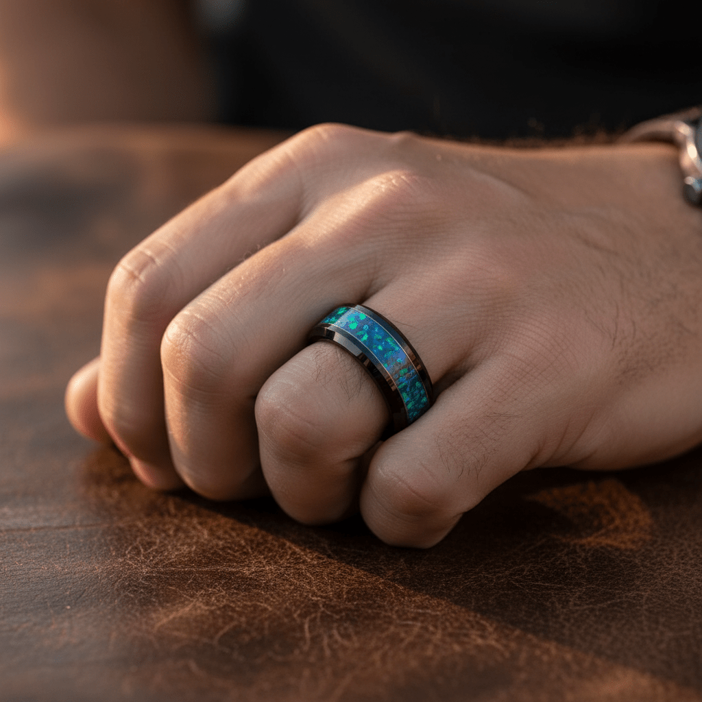 ICICLE — Lifestyle photo on hand — men's tungsten wedding ring.