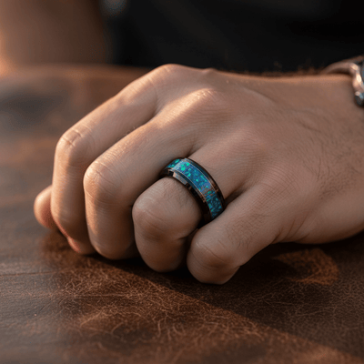 ICICLE — Lifestyle photo on hand — men's tungsten wedding ring.