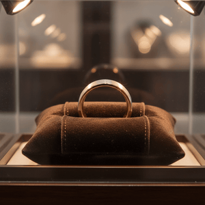 ICON — Premium boutique display on velvet — men's tungsten wedding ring.