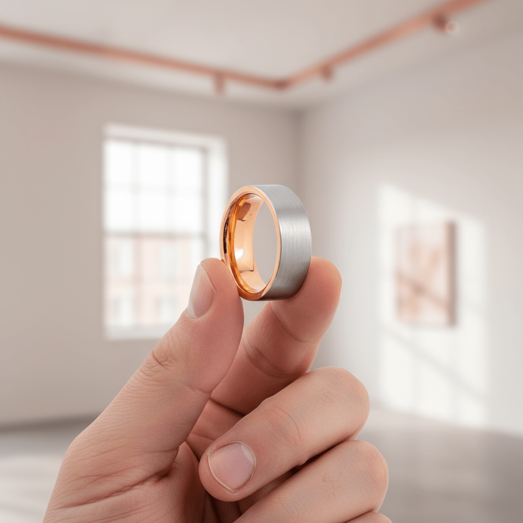 ICON — Held between fingers close-up — men's tungsten wedding ring.