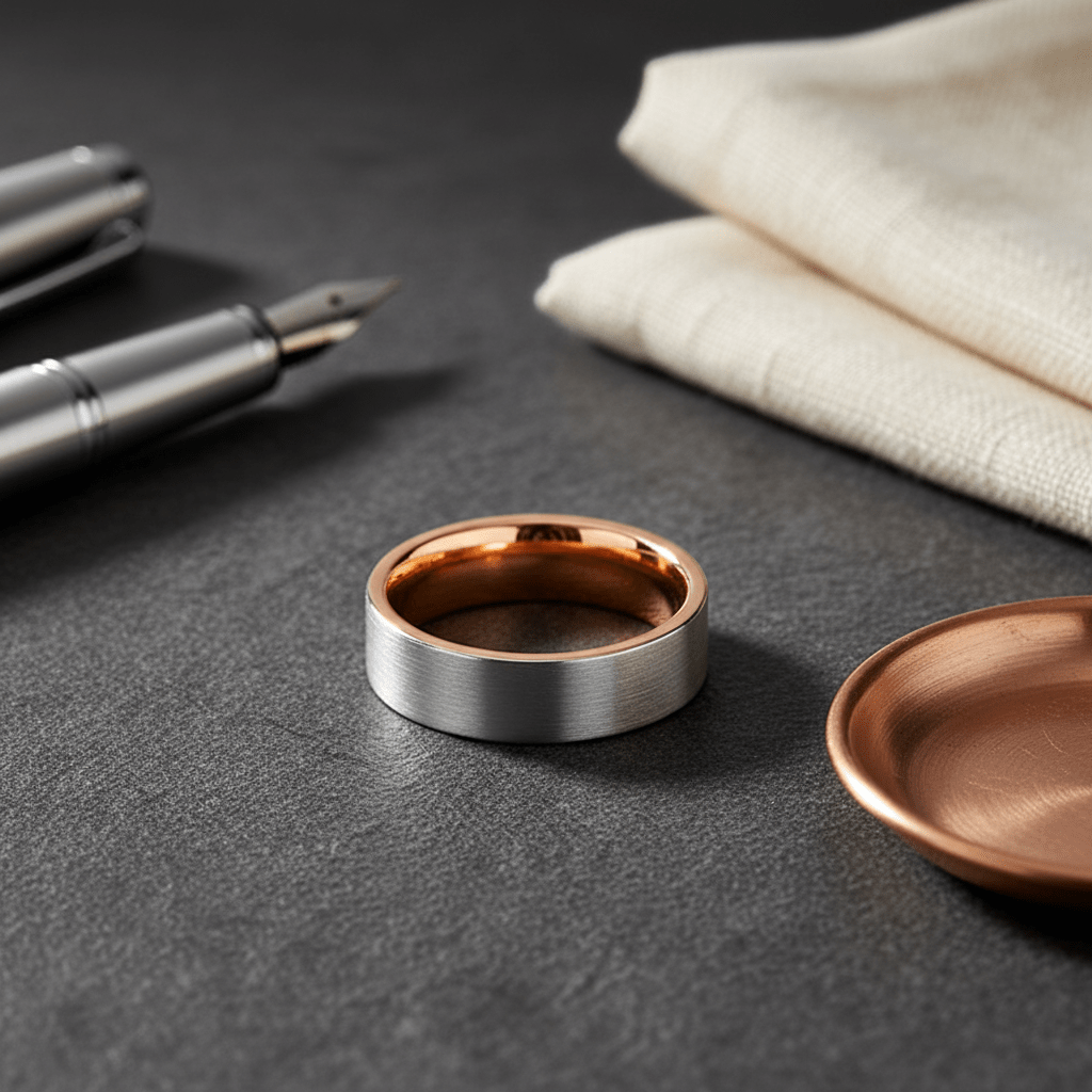 ICON — Editorial masculine still life — men's tungsten wedding ring.
