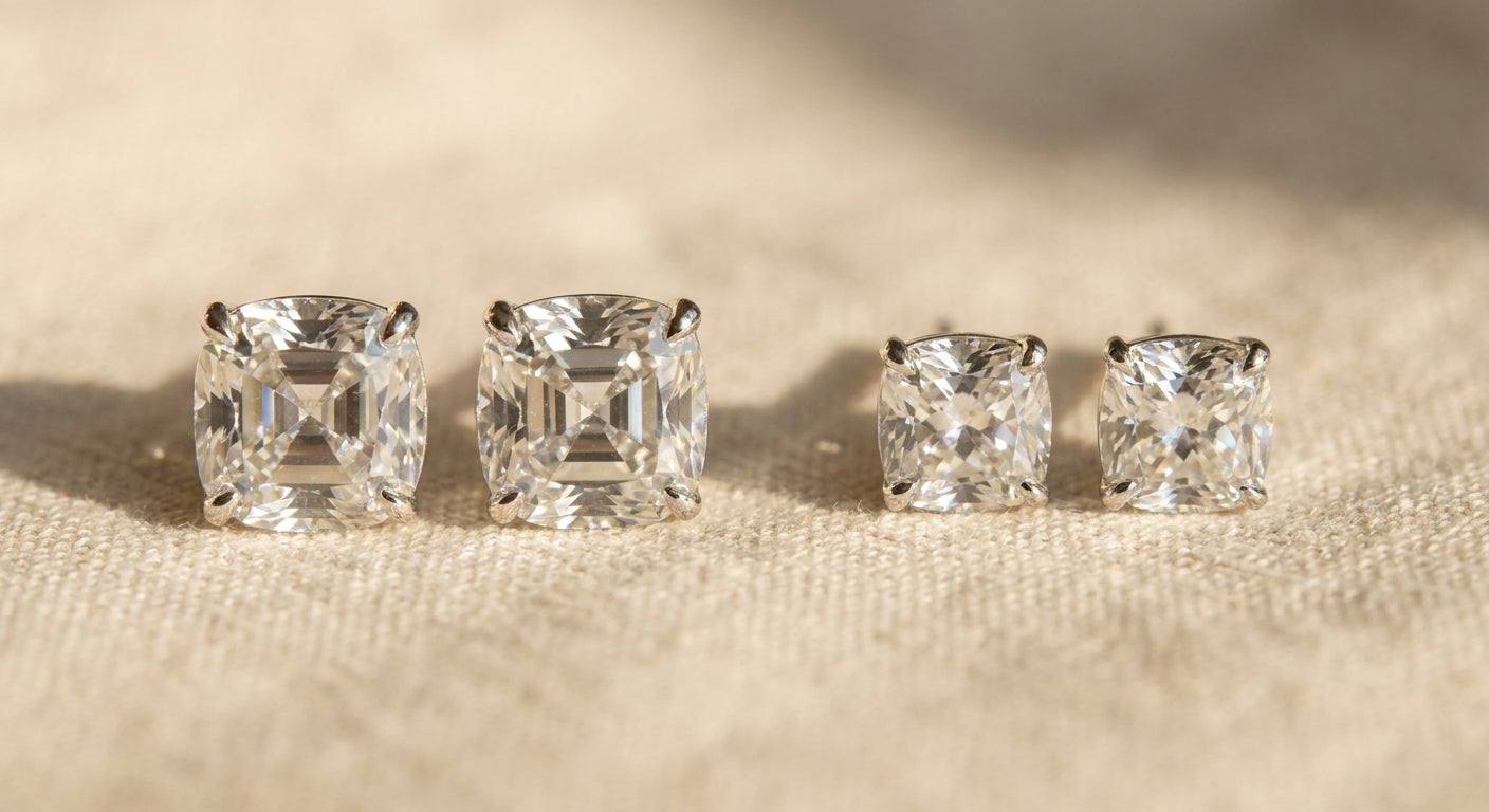 IGI certified lab-grown diamond stud earrings, cushion cut his and hers matching pair
