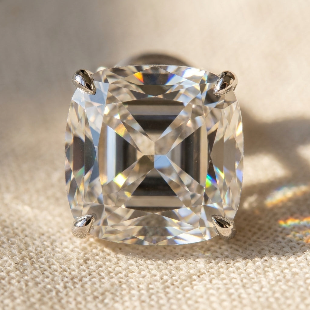 IGI certified lab-grown diamond stud earrings cushion cut, macro detail overhead flat lay