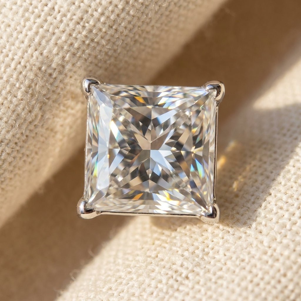 IGI certified lab-grown diamond stud earrings princess cut, macro detail overhead flat lay